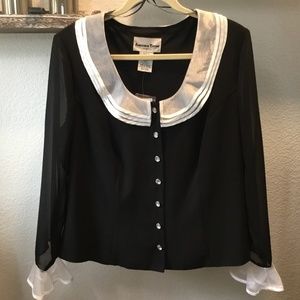 Black Crepe Formal Blouse, rhinestone buttons, sheer collar and cuffs size 1X